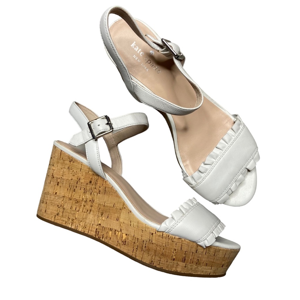 KATE SPADE Sandals Tomas White Ruffle Leather Cork Platform Womens Size 9.5M